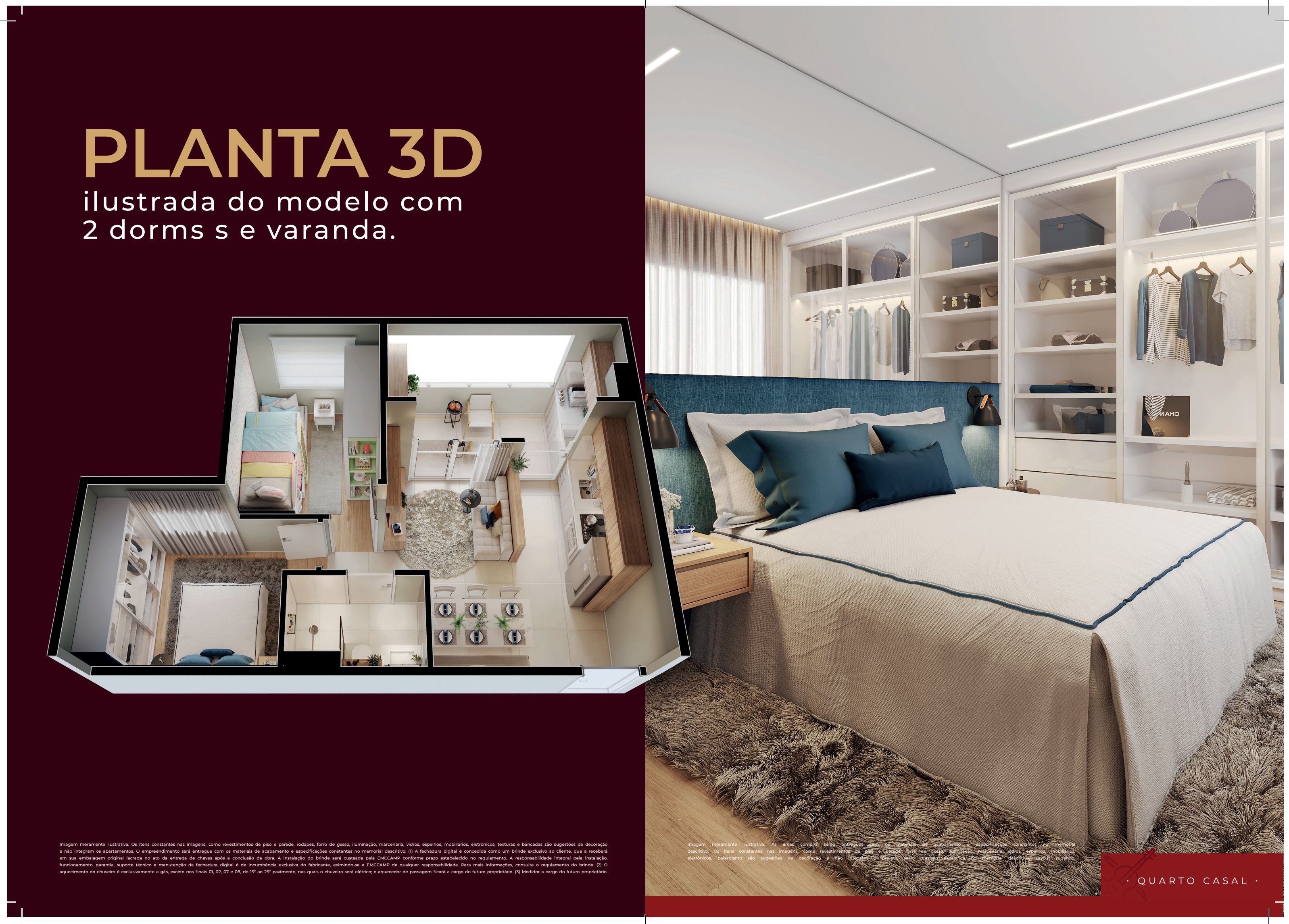 Planta 3D do apartamento Sinfonia Emccamp com 2 dormitórios e varanda
