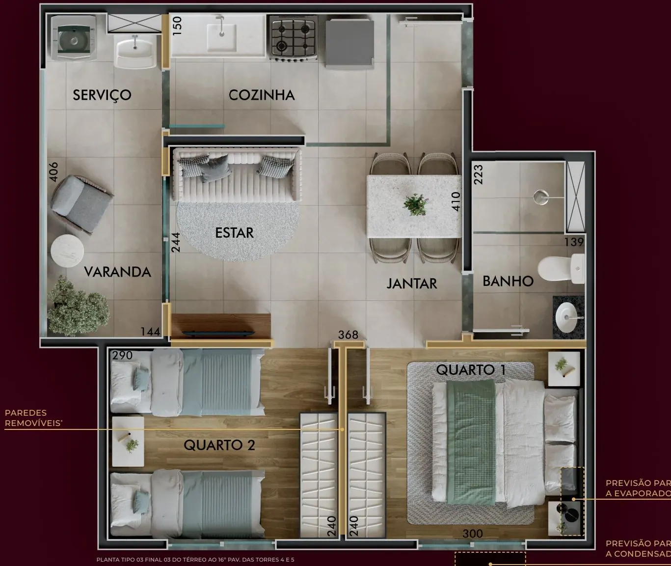 Planta de 41,73 m² - 2 dormitórios com varanda do Sinfonia Emccamp