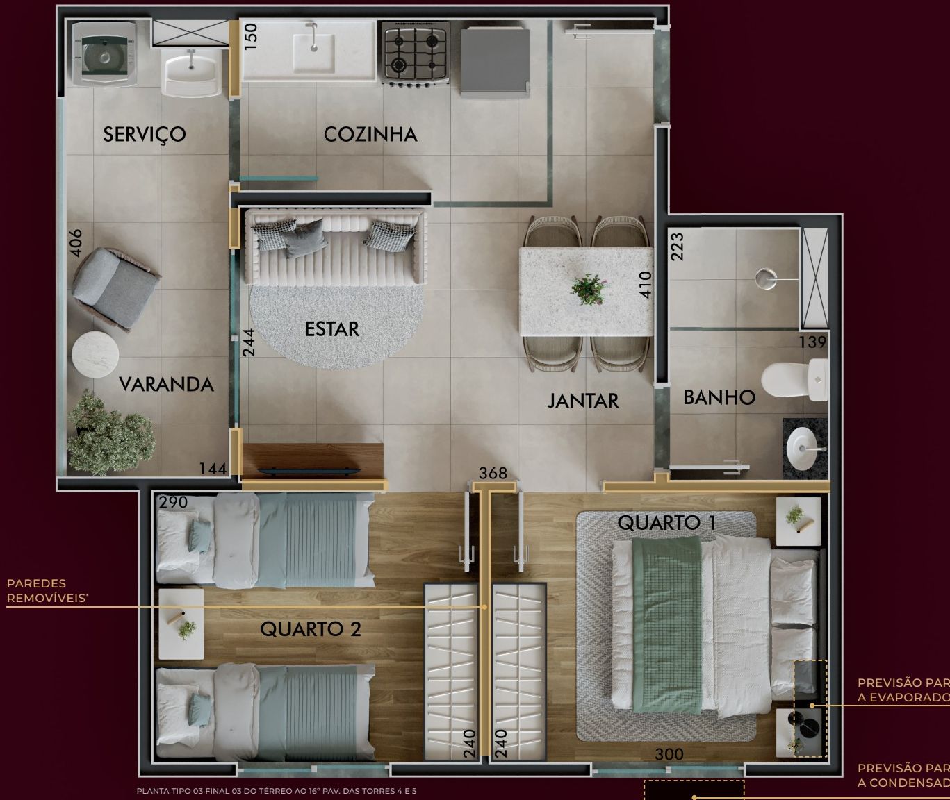 Planta de 41,73 m² - 2 dormitórios com varanda do Sinfonia Emccamp