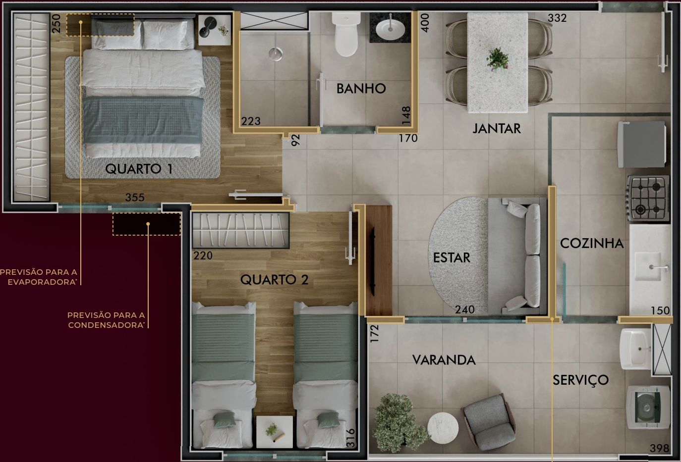 Planta de 45,97 m² - 2 dormitórios com varanda do Sinfonia Emccamp