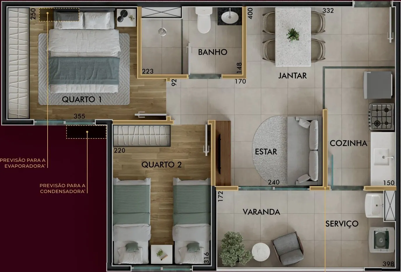 Planta de 45,97 m² - 2 dormitórios com varanda do Sinfonia Emccamp